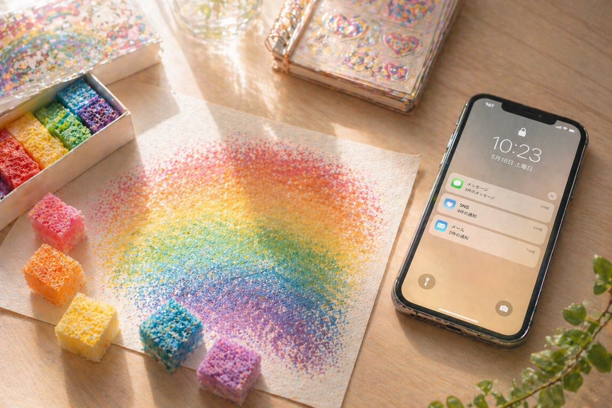 スマホの通知が見える机の上でレインボーアートを描くことでデジタルから離れる時間を表現した風景