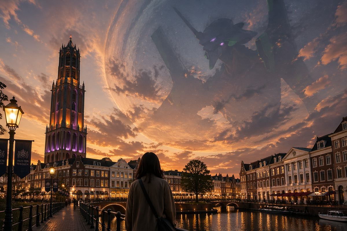 夕暮れのハウステンボスの街を見上げる人物と、空に不自然な影が広がる異様な風景