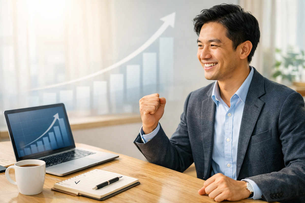 朝のデスクで小さくガッツポーズをする男性と成長を示すグラフのイメージ