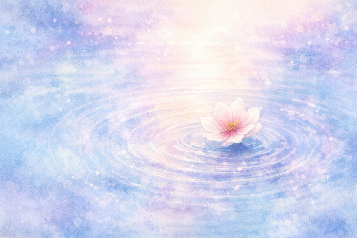 水面に浮かぶ一輪の花と広がる波紋が静かな優しさを感じさせる様子