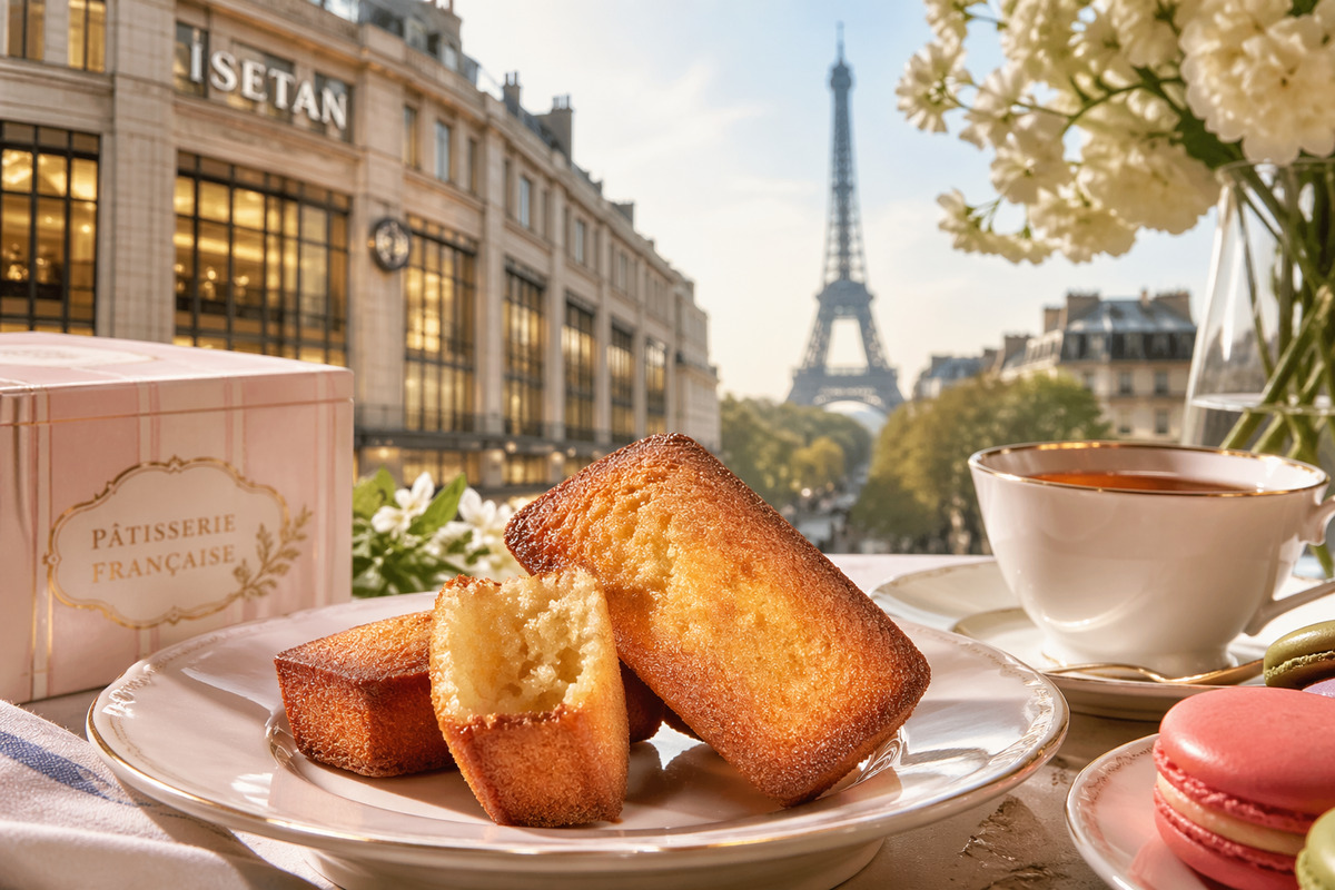 焼き立てフィナンシェと紅茶が並ぶテーブルの奥に伊勢丹とエッフェル塔が重なる、パリの午後を感じるビジュアル