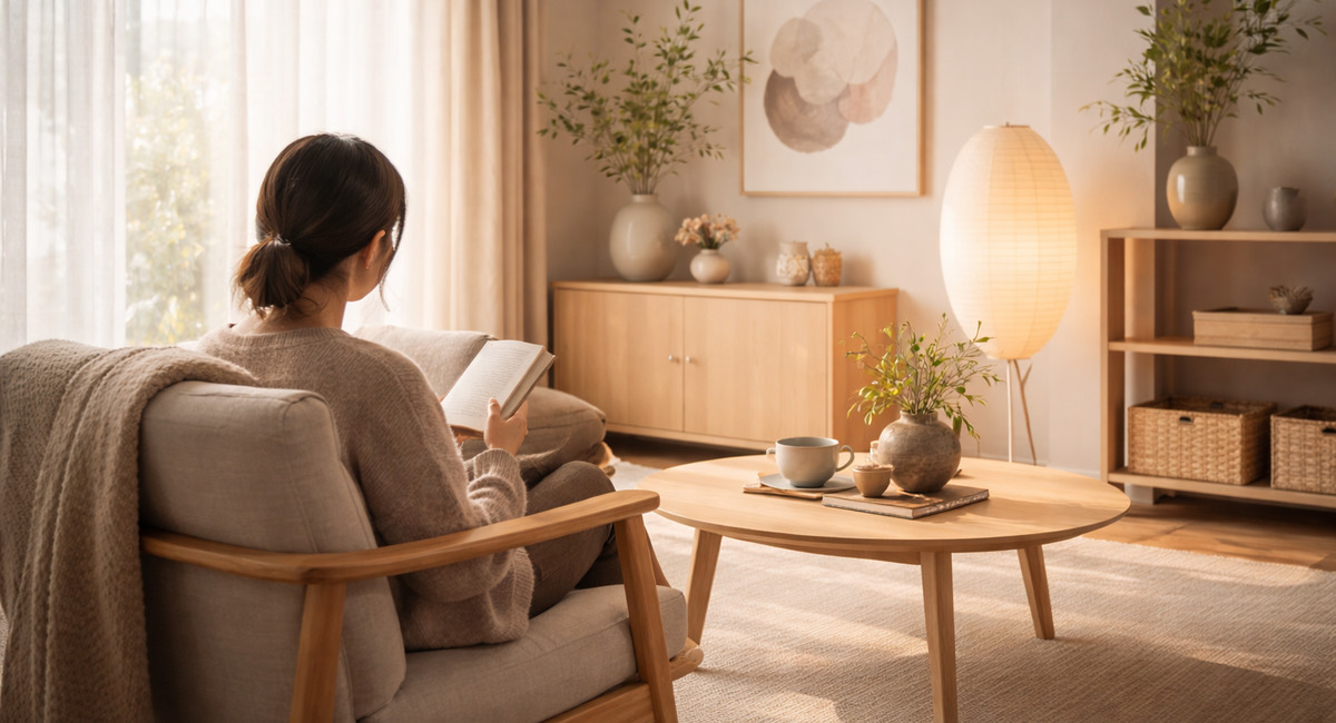 やわらかな光が差し込むジャパンディスタイルの部屋で、椅子に座って読書する穏やかな時間の風景