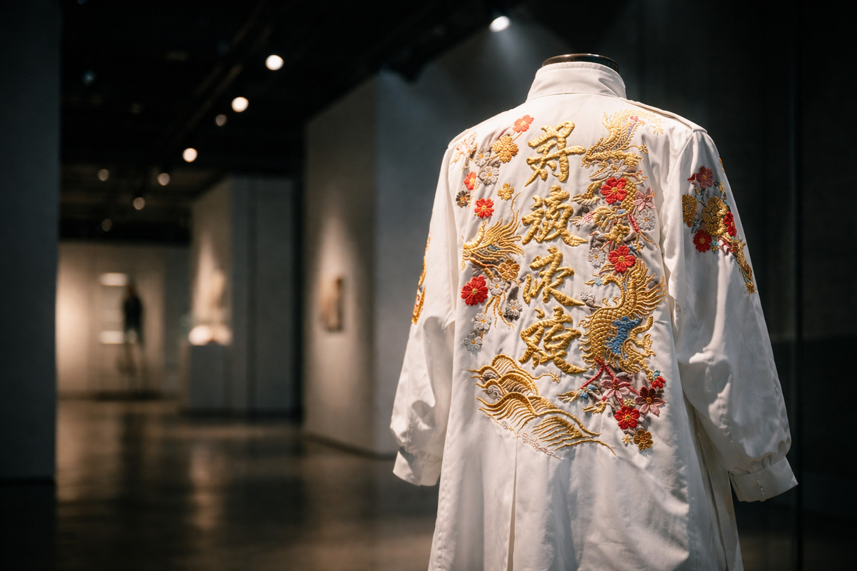 白い特攻服が静かな展示空間で照らされ、刺繍の美しさが際立つ様子