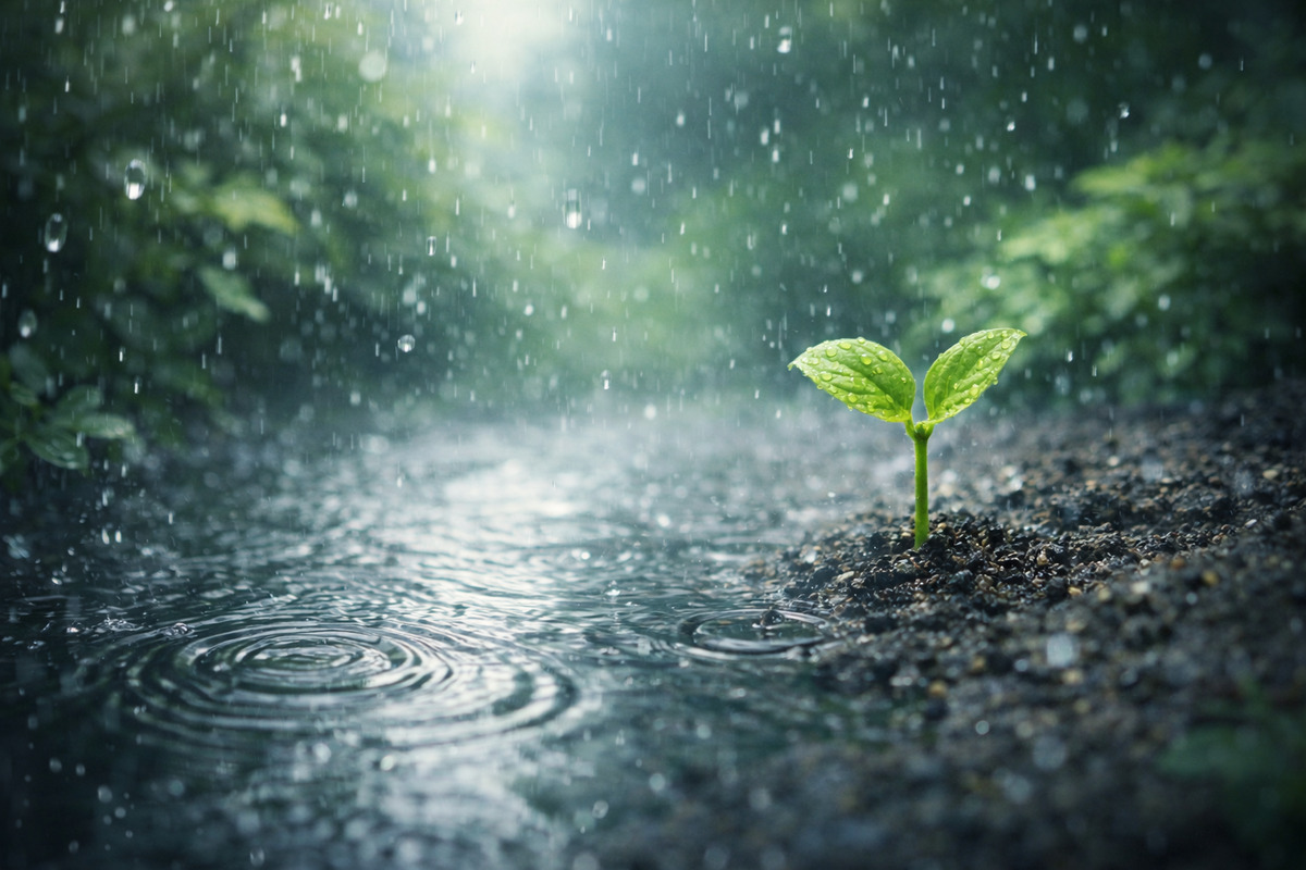 雨粒が広がる水面のそばで、小さな芽が静かに成長していく様子を捉えた風景