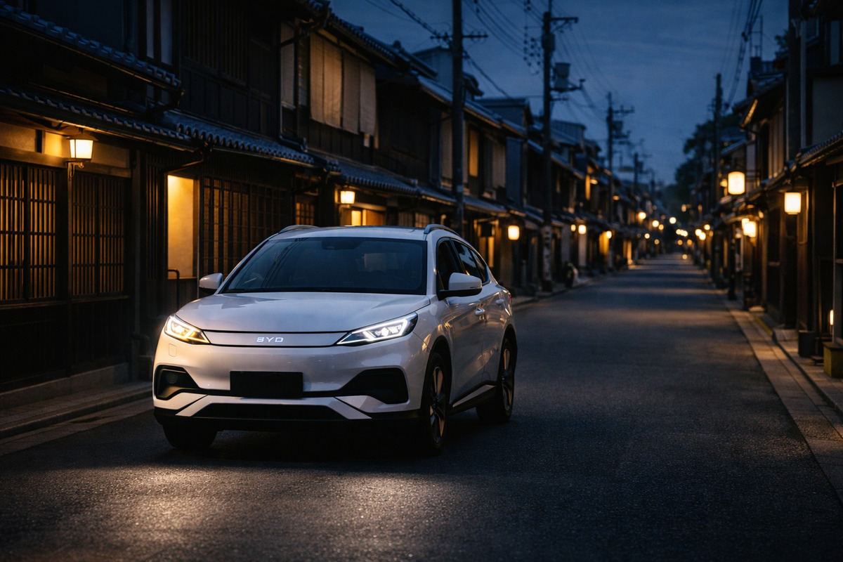 京都の町家が並ぶ通りを静かに走る電気自動車が未来の暮らしを感じさせる様子