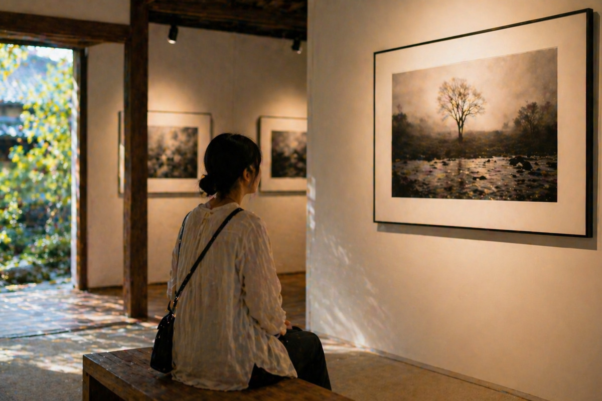 静かな展示空間で写真作品と向き合う女性の後ろ姿と柔らかな自然光の風景