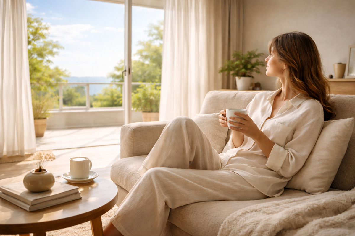 広い室内でソファにくつろぎながら窓の外を眺める女性と、柔らかな光に包まれた穏やかな時間の風景