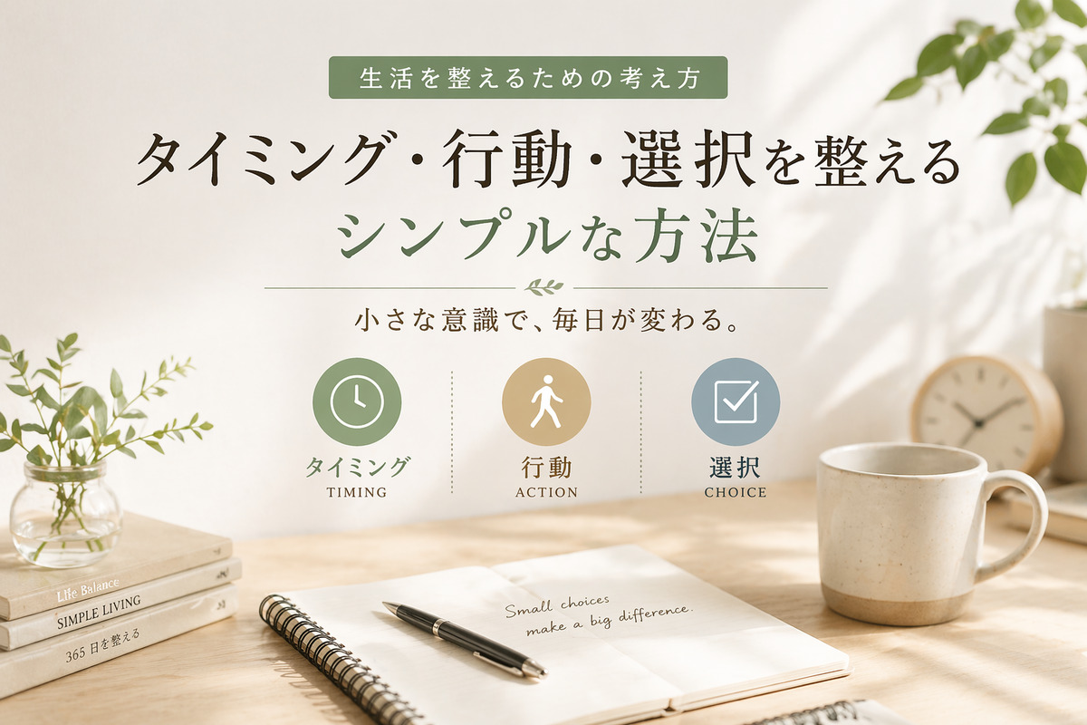 ノートとマグカップが置かれた静かなデスクに、タイミング・行動・選択という3つの要素が整理された、生活を整える考え方を表現したビジュアル