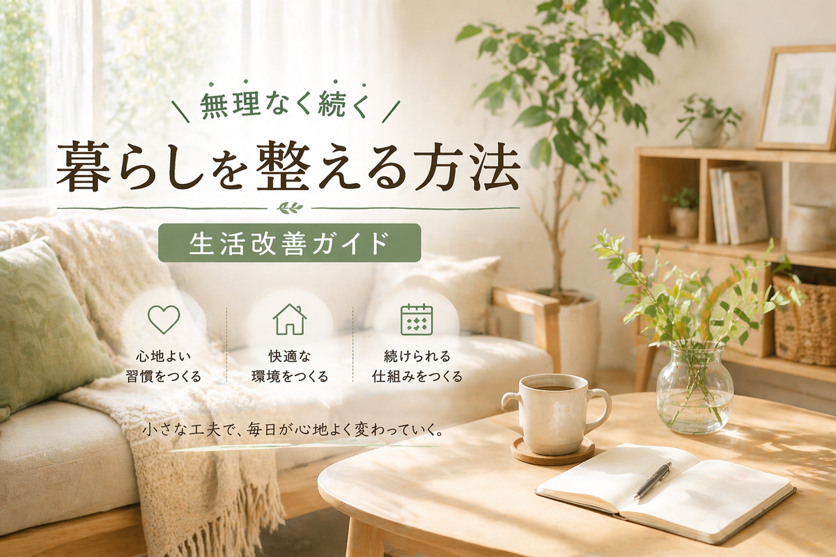 朝の自然光が差し込むリビングにソファや観葉植物、マグカップが配置され、無理なく続く暮らしの整え方を表現した落ち着いた生活空間のビジュアル