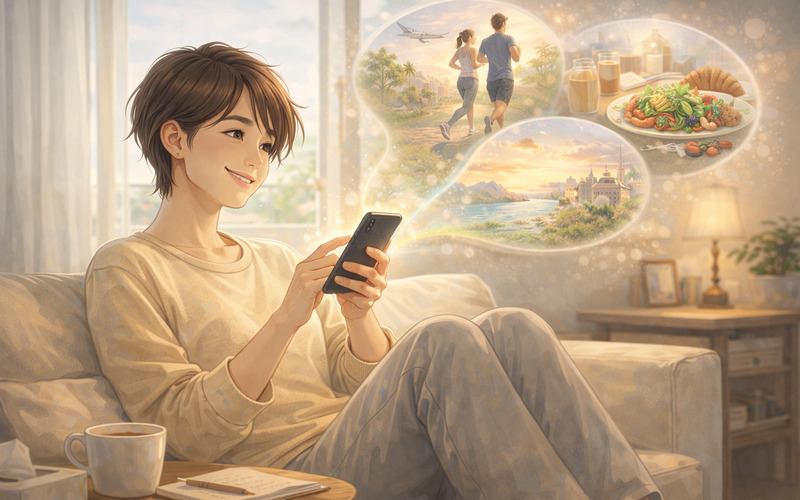 スマホで記事を読みながら、旅行や健康、食のイメージを思い浮かべる人物のイラスト