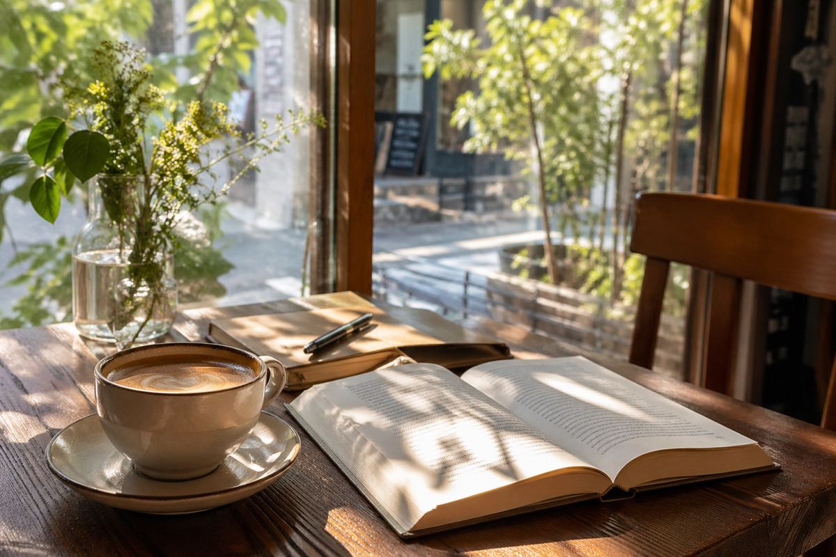 近所のカフェで日差しを浴びながらコーヒーと本を楽しむ穏やかな休日のひととき