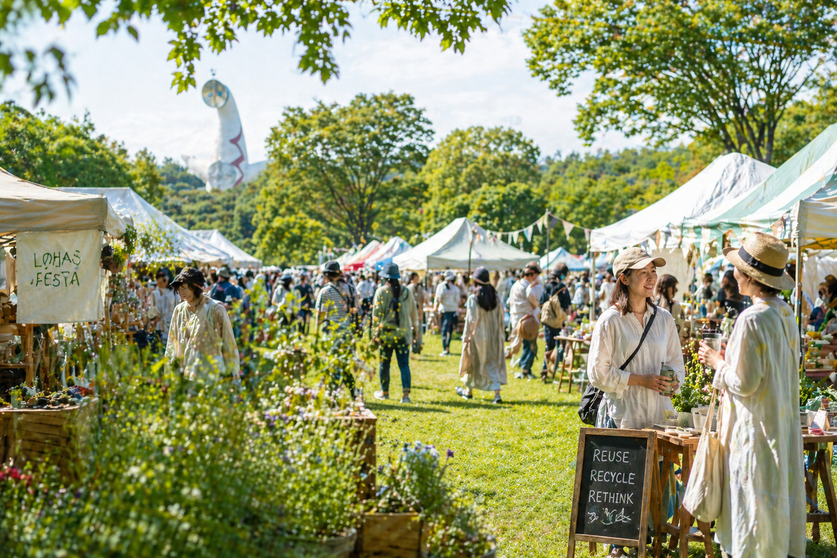 緑あふれる公園で開催されたロハスフェスタの会場で、テントの間を歩きながら交流を楽しむ人々の風景