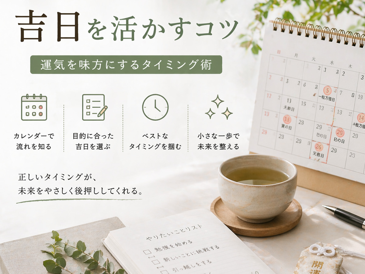 カレンダーやノート、湯のみとお守りが配置された穏やかな空間で、吉日を生活に取り入れ行動のタイミングを整える様子を表現したビジュアル