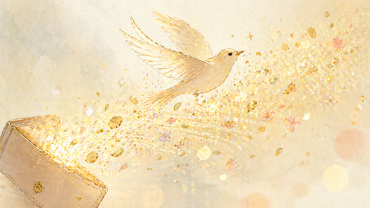 財布から光が流れ出し鳥が舞い上がる、運を巡らせるイメージのイラスト
