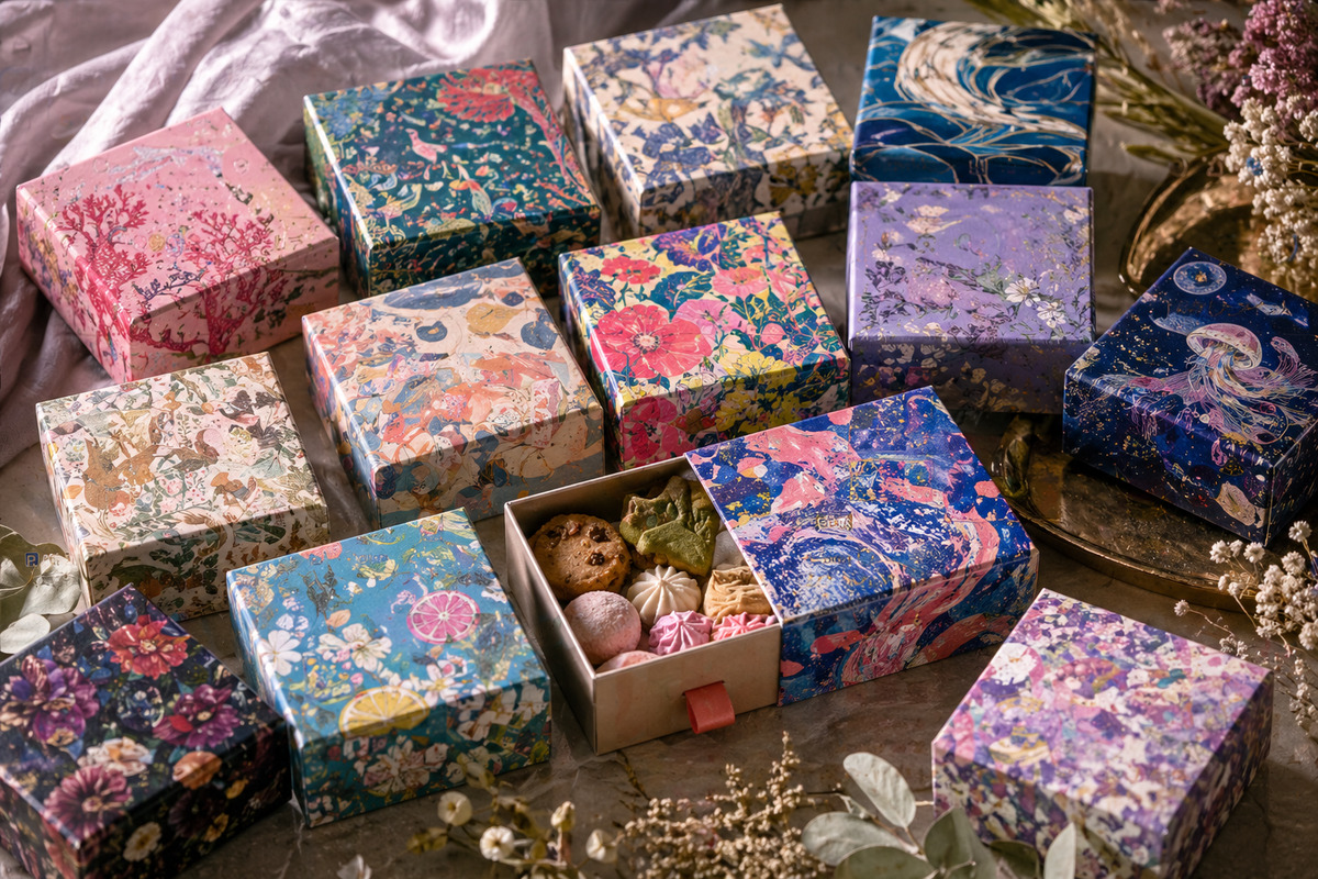多彩なデザインの小箱が並び、一部が開いて中の焼き菓子が見える体験型ギフトのビジュアル
