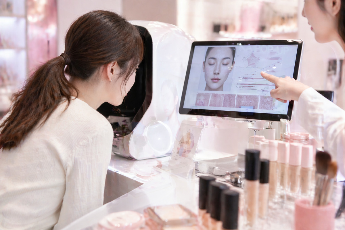 肌診断機を使ってカウンセリングを受ける女性と分析データが表示された画面が印象的なLUNA体験イベントの様子