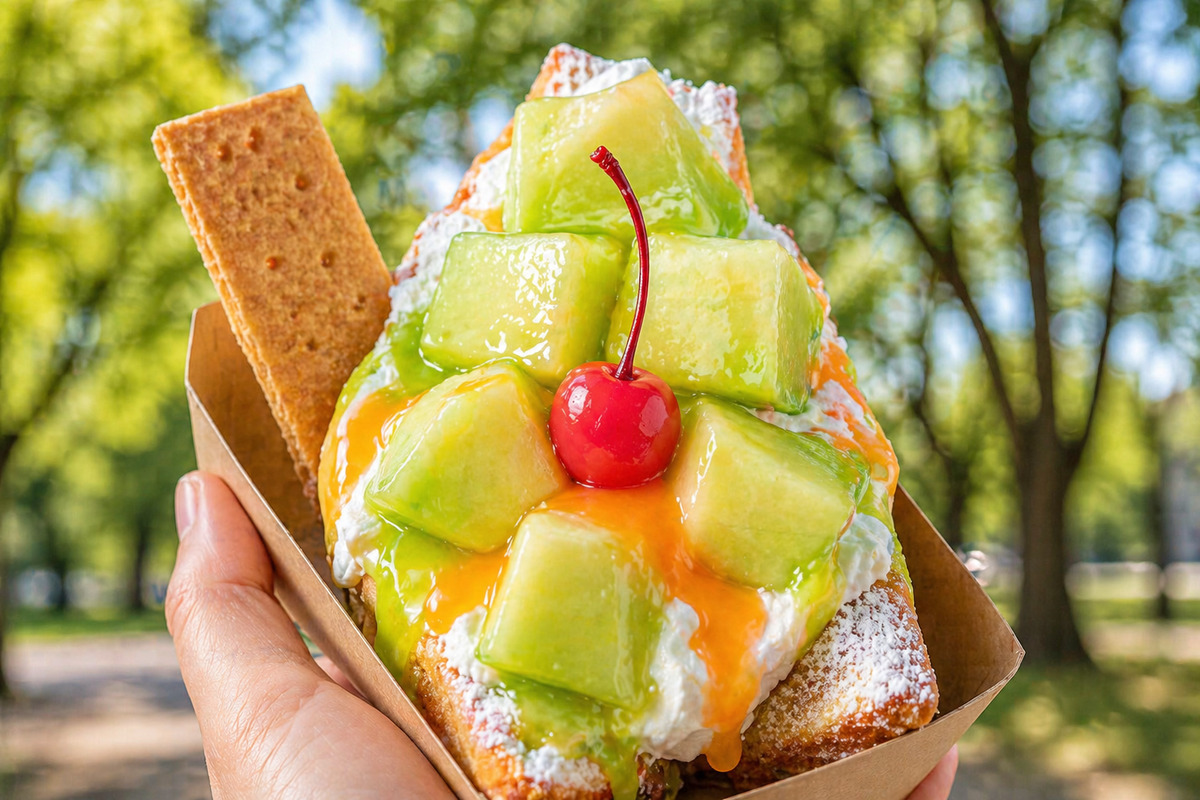 公園で手に持ったメロンパフェ揚げサンドに、クリームとソースが溢れる様子