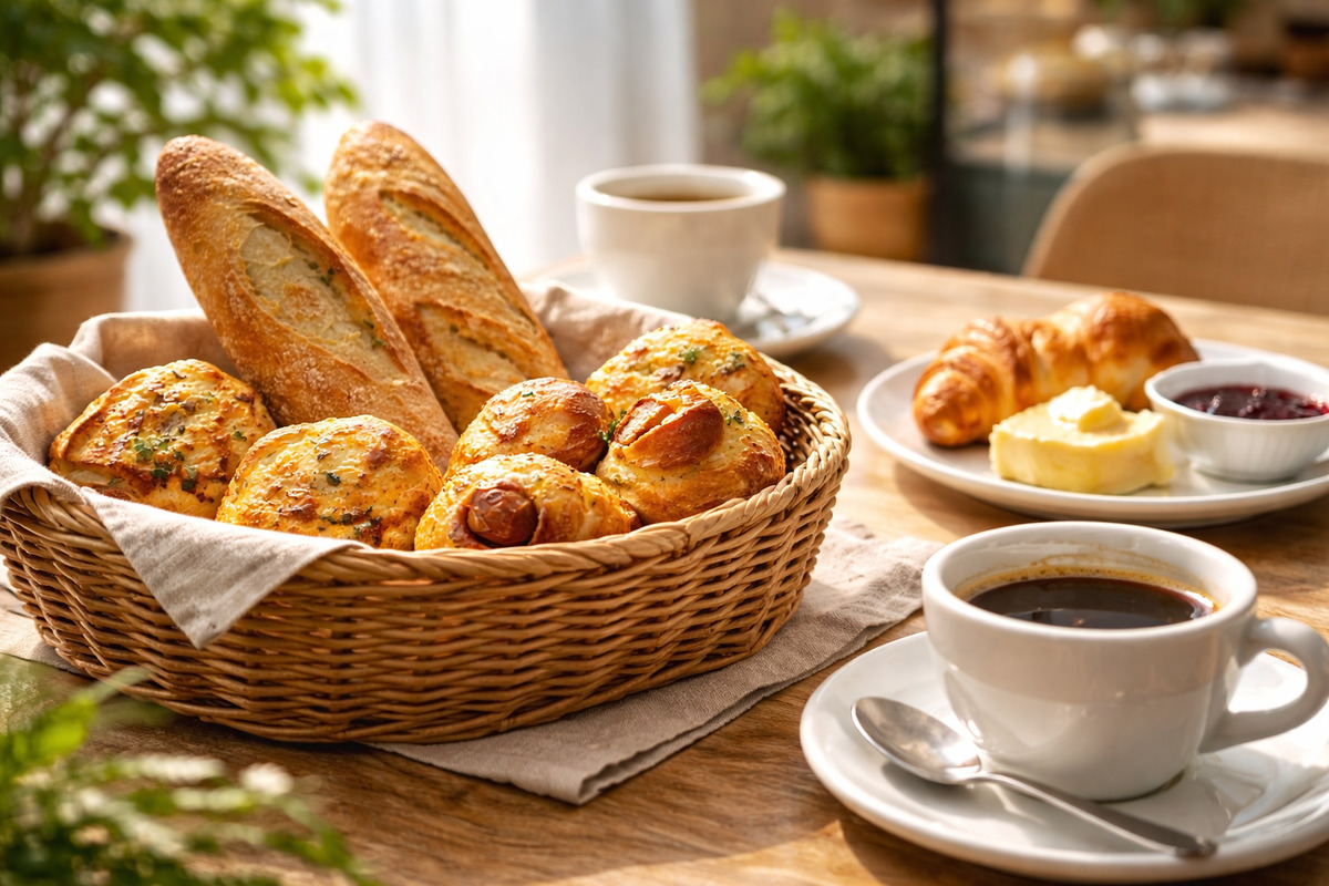 焼きたてパンとコーヒーが並ぶ明るい食卓で始まる心地よい朝の時間