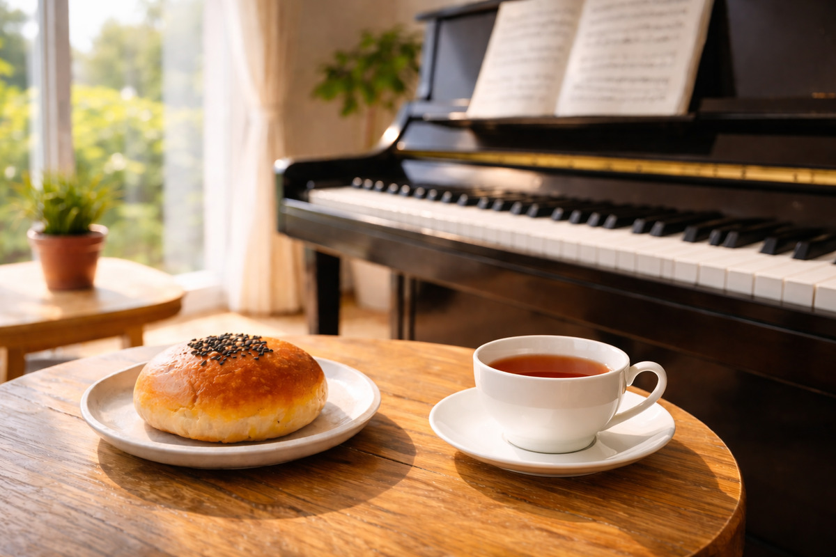 明るい洋室の丸テーブルにあんぱんと紅茶が置かれ、奥にピアノがある静かな空間