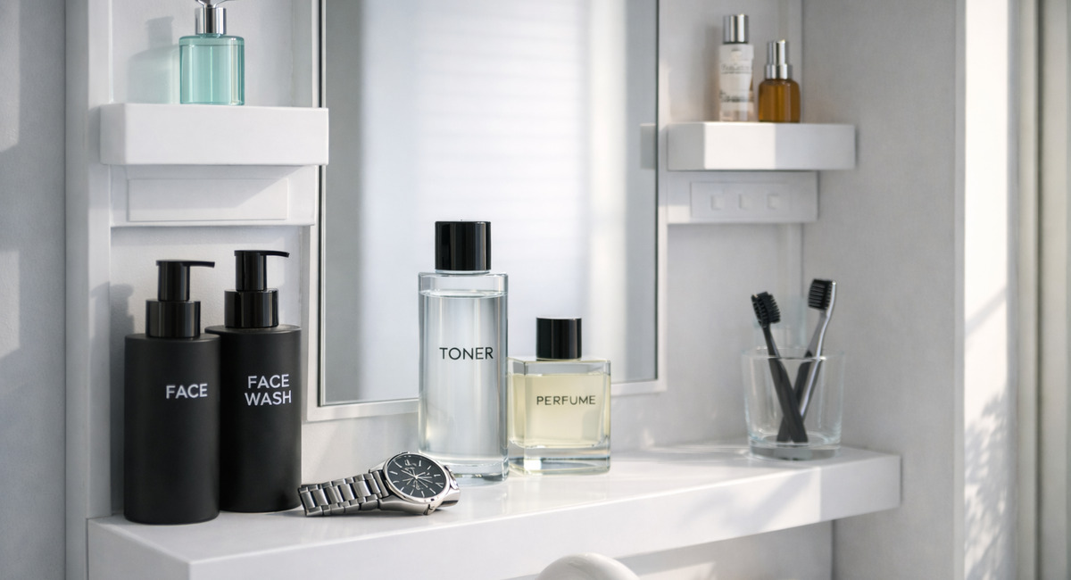ミニマルな洗面台の棚にスキンケアボトルと腕時計が整然と配置されたシンプルな空間