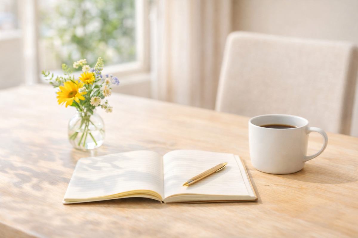 朝の光が差し込むテーブルでノートとコーヒーを用意した穏やかな時間