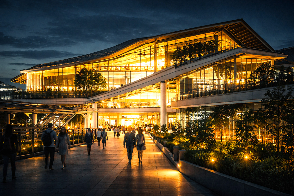 夜の高輪ゲートウェイにあるガラス張りの大型施設と、光に導かれるように歩く人々の風景
