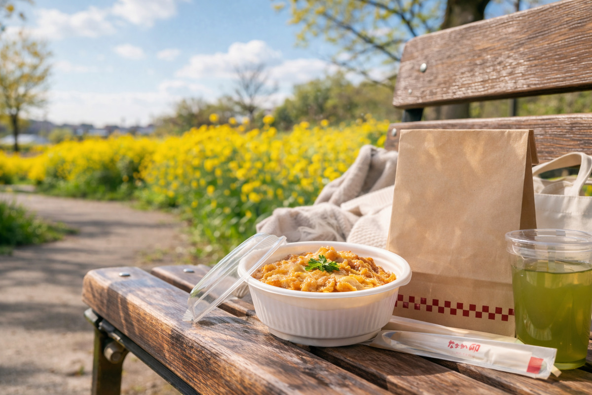 春の公園のベンチに置かれた親子丼とテイクアウト袋、菜の花の黄色が背景に広がる穏やかな風景