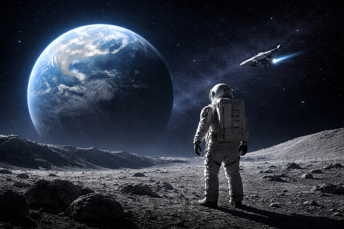 月面から地球を見つめる宇宙飛行士と宇宙船が広がる壮大な宇宙の光景