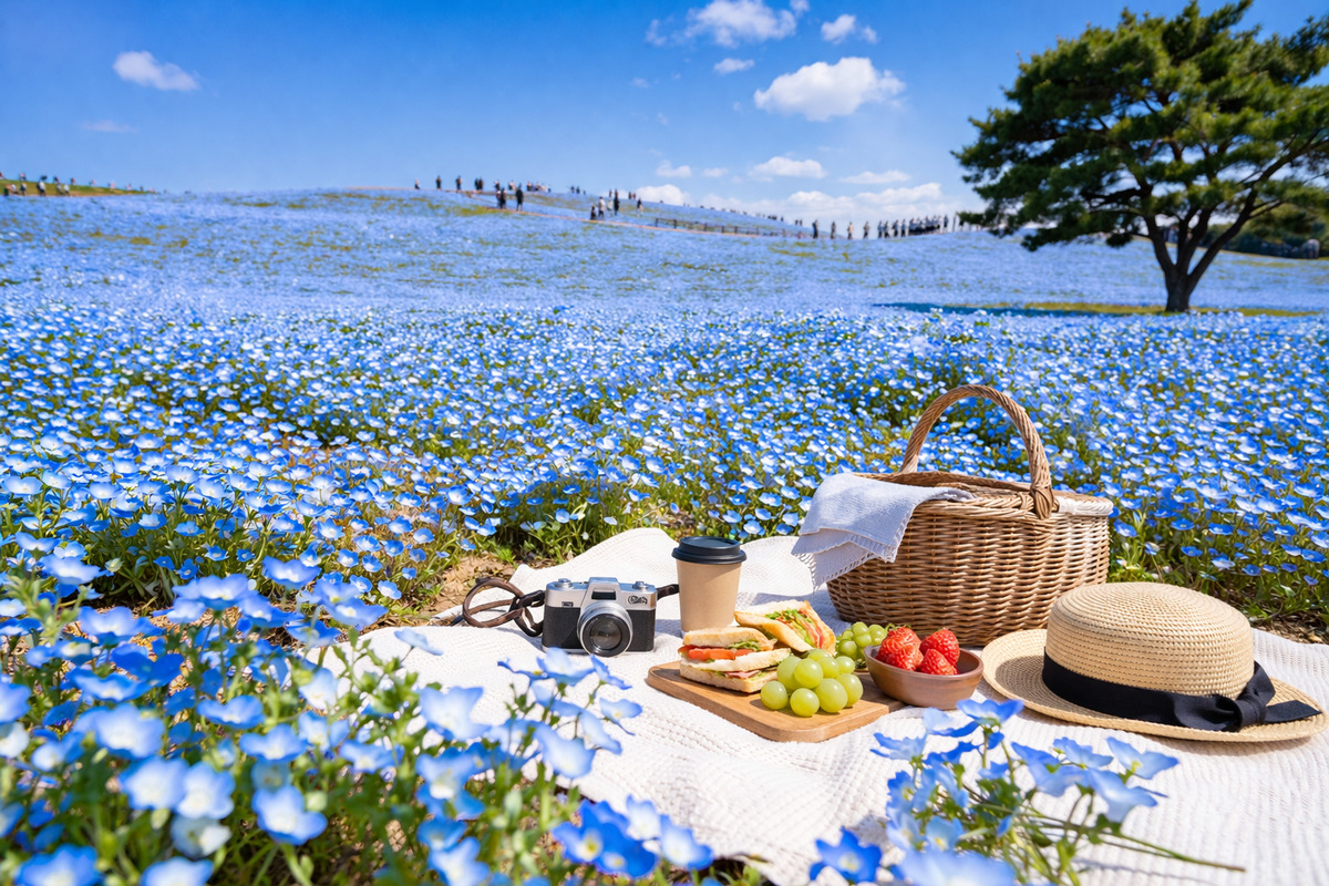 一面のネモフィラ畑の中でピクニックを楽しむ春の青い絶景風景