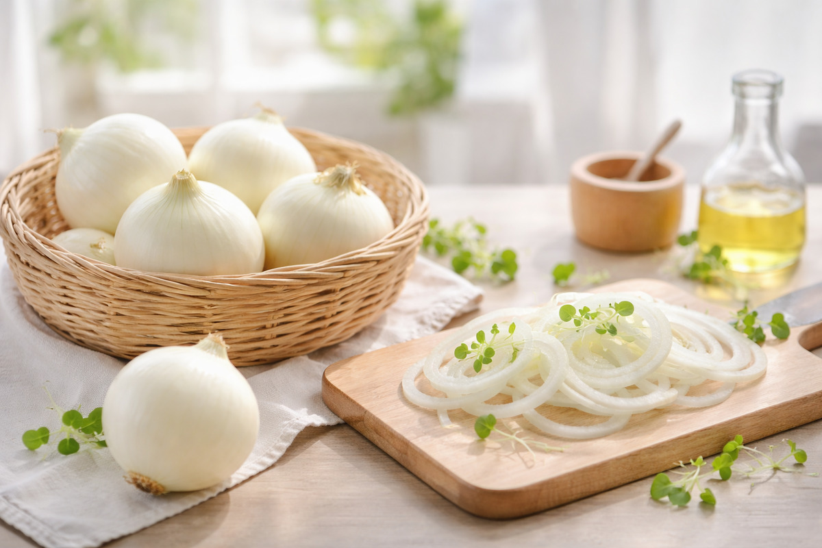 やわらかな光の中で新玉ねぎが並び、丁寧にスライスされた一皿が春の静かな食卓を演出している