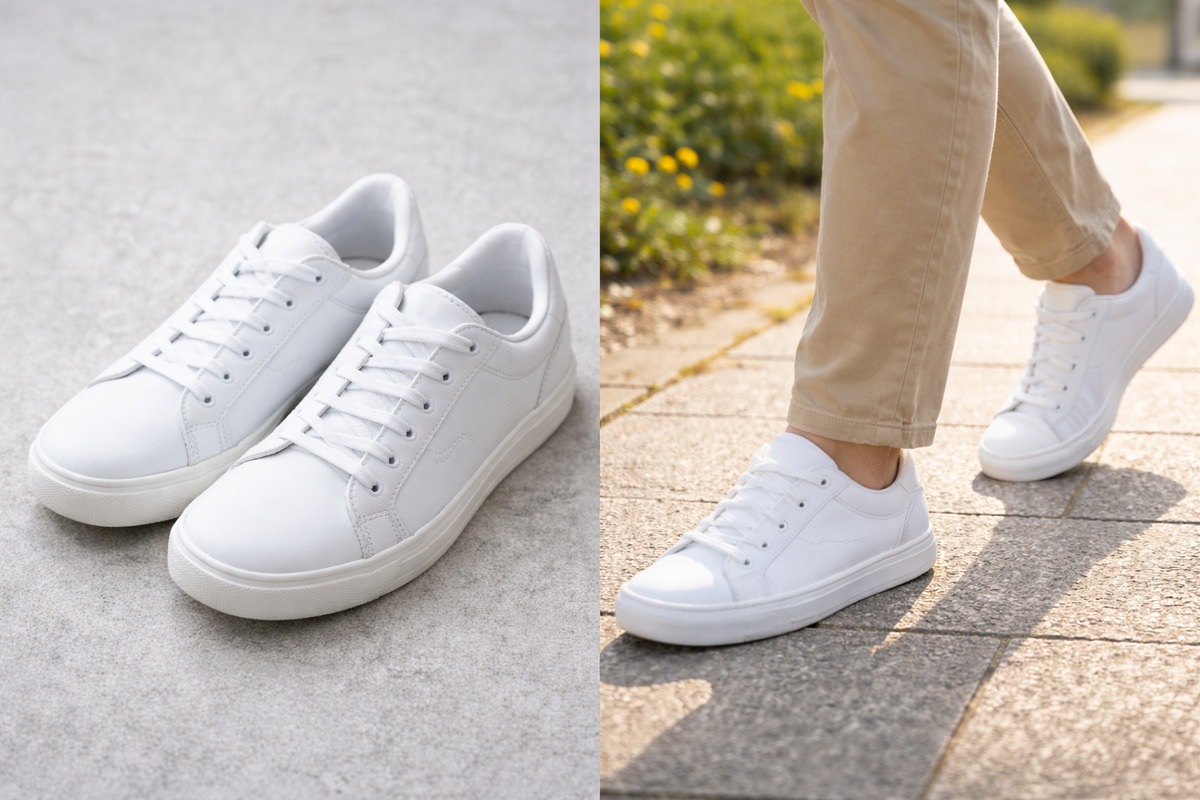 新しい白いスニーカーと実際に歩き出す足元を並べた行動イメージの写真