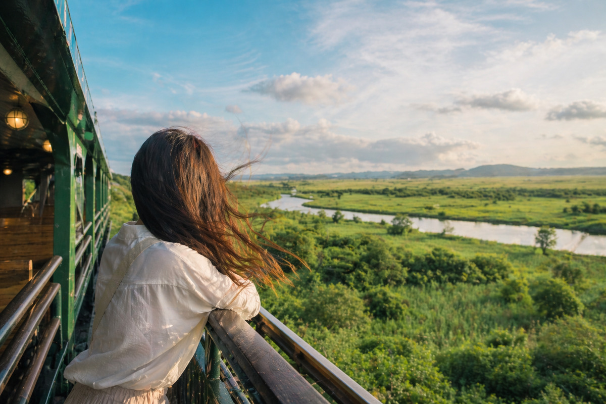 湿原を走る列車のデッキから風を受けながら景色を眺める旅人の後ろ姿