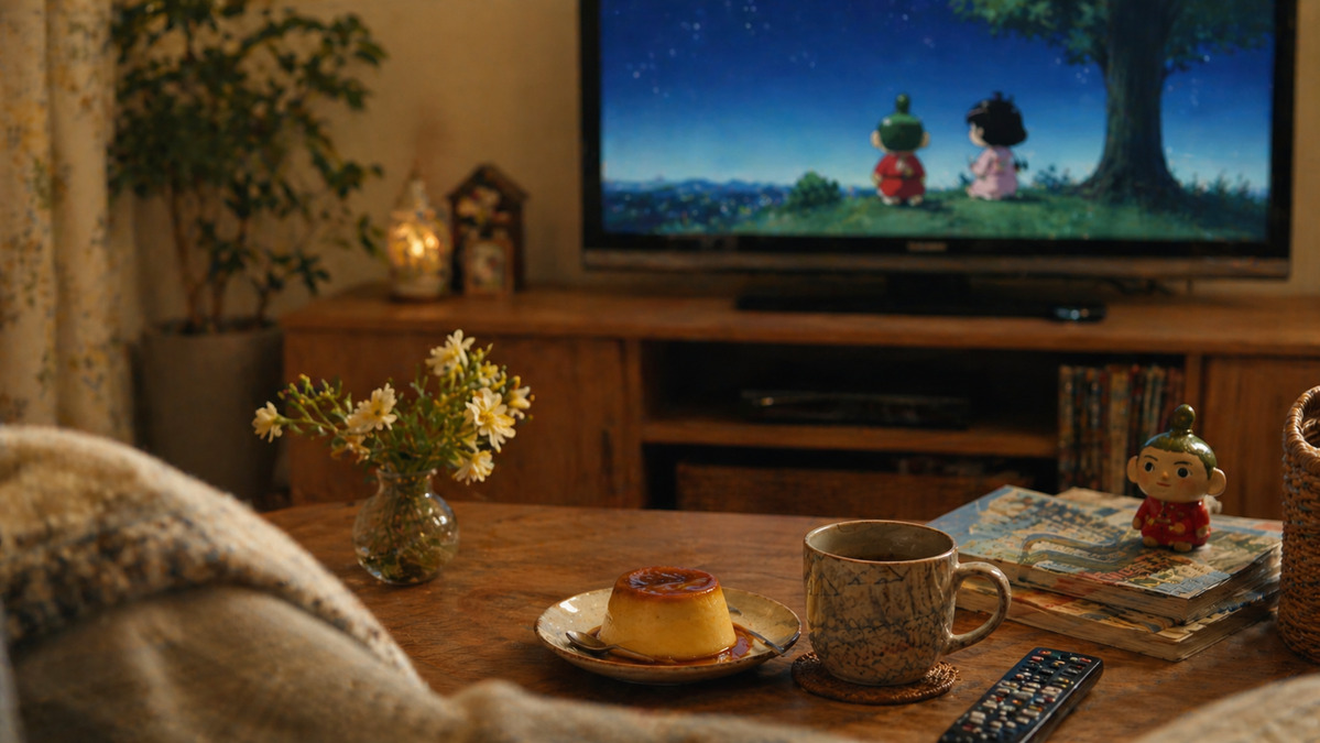 リビングでテレビを眺めながらプリンと飲み物を楽しむ、ゆったりとしたくつろぎの時間の風景