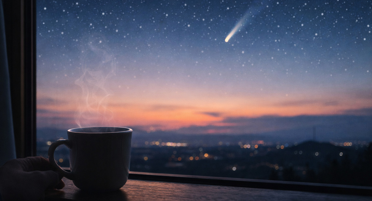 夜明け前の窓辺でコーヒーを手にしながら空に浮かぶ彗星を静かに眺める朝の風景