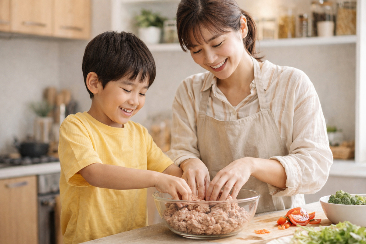 親子でキッチンに立ち一緒にハンバーグを作る温かい食卓の風景