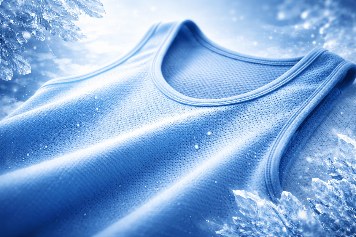 氷の結晶に囲まれた冷感インナー生地が、ひんやりとした質感を伝えるビジュアル