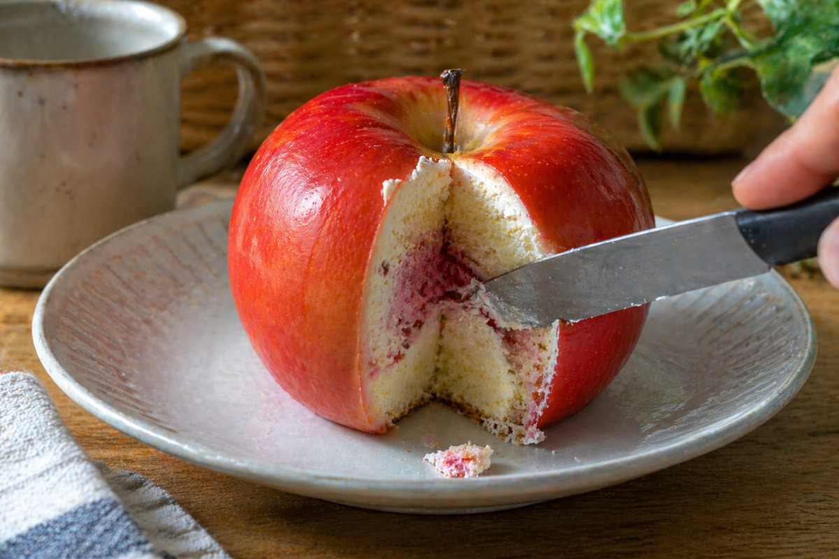 本物のリンゴのようなケーキにナイフを入れると中からムースが現れる驚きの瞬間