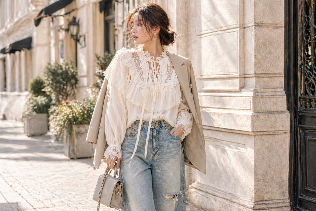 フリルブラウスとデニムを合わせた大人女性の上品で軽やかな春夏コーディネート