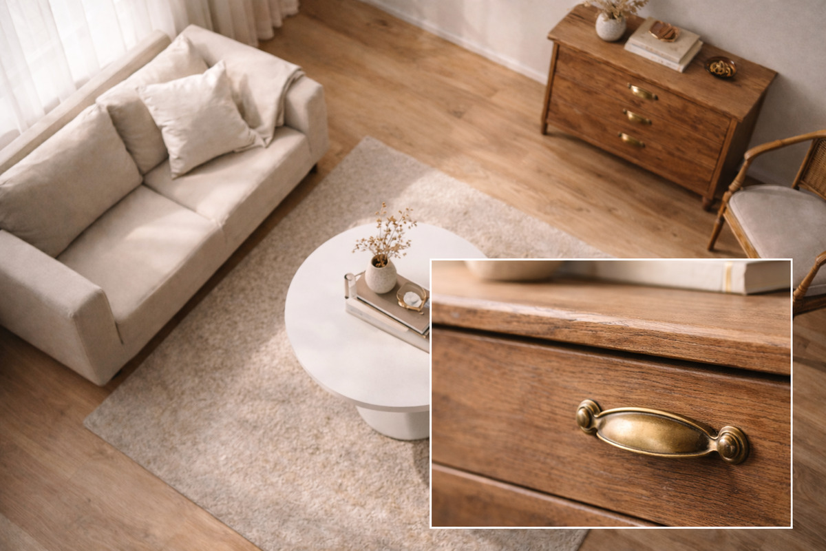 部屋全体の俯瞰と真鍮取手のクローズアップを組み合わせたインテリア改善のイメージ