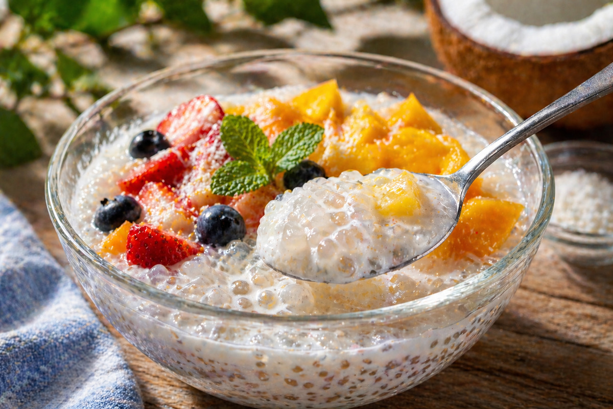 ココナッツミルクに浮かぶサゴとフルーツをスプーンですくい上げた食感が伝わるデザート