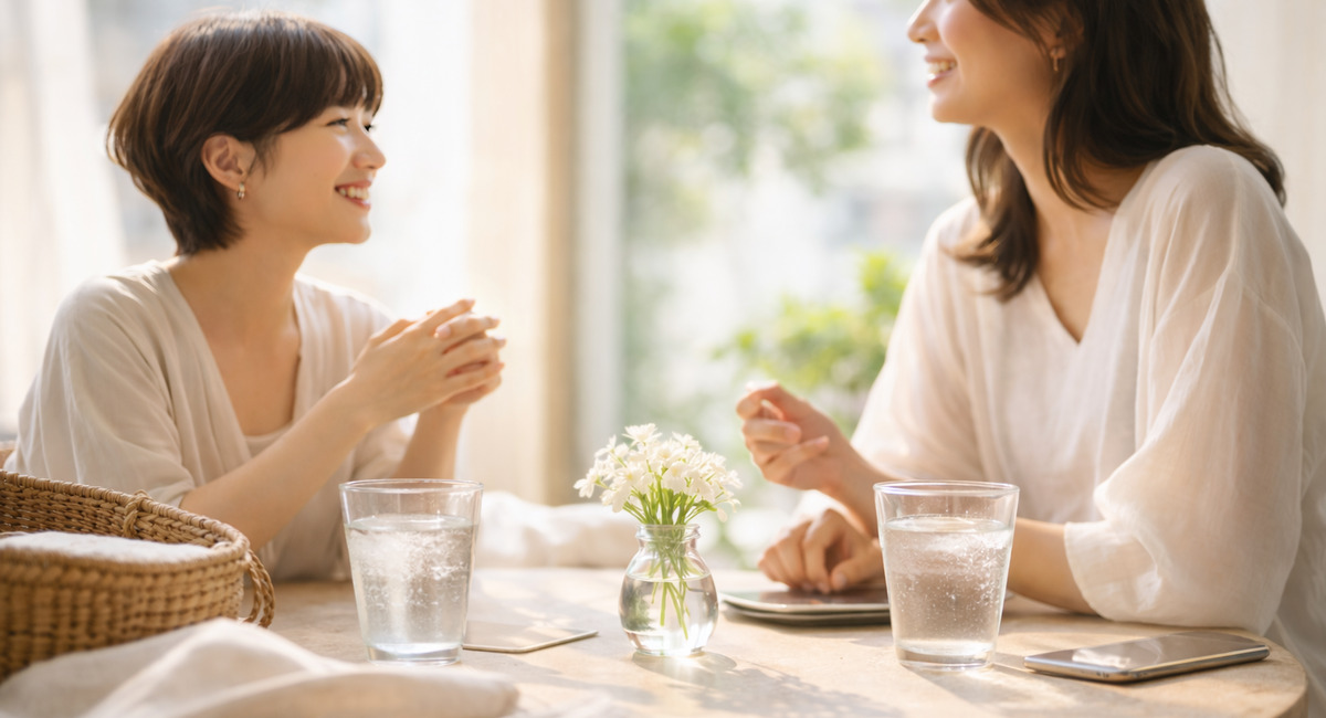 自然光が差し込むカフェで、軽やかな装いの女性二人が穏やかに会話している様子
