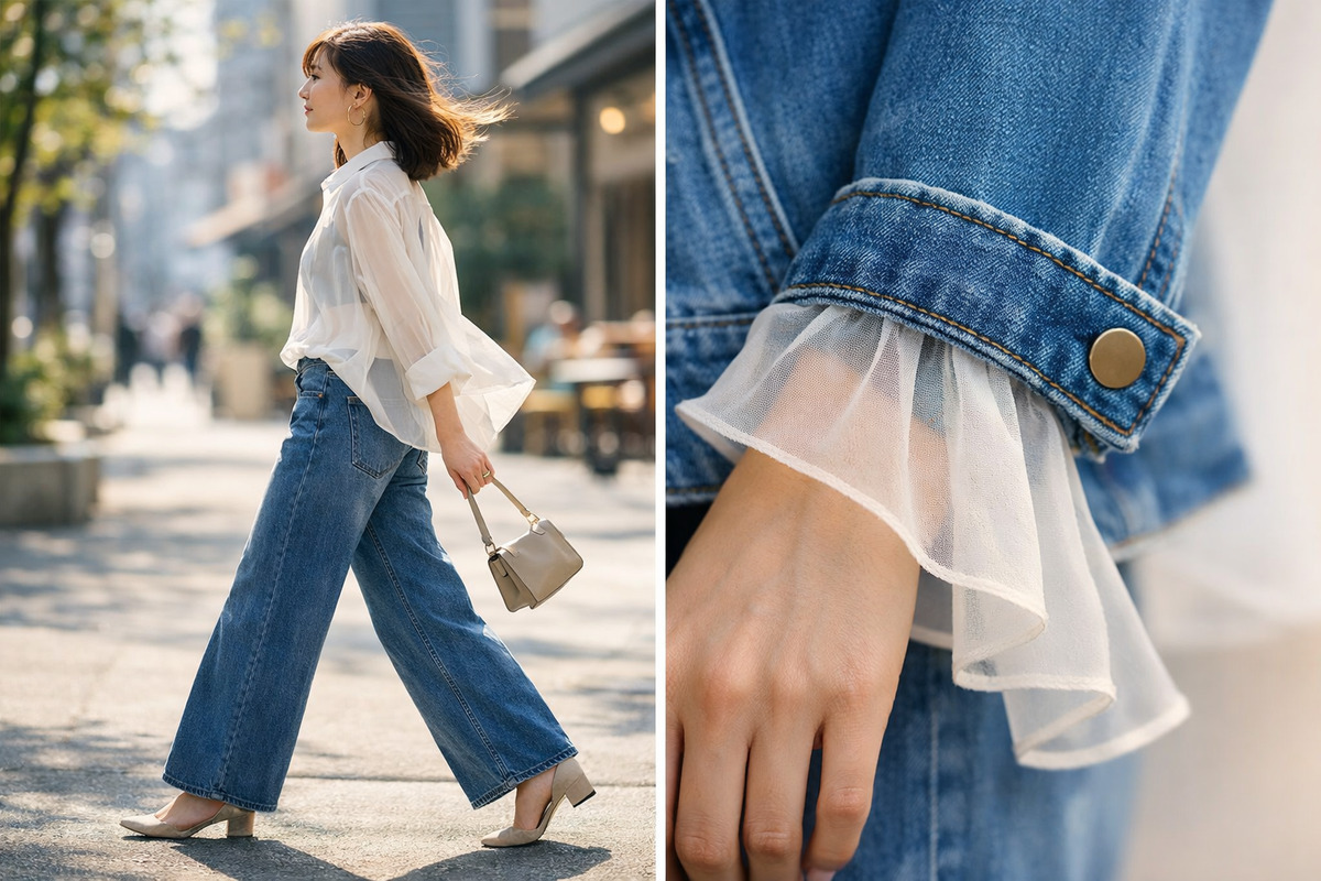 春の日差しの中、シアーシャツとデニムを軽やかに着こなし街を歩く女性の姿