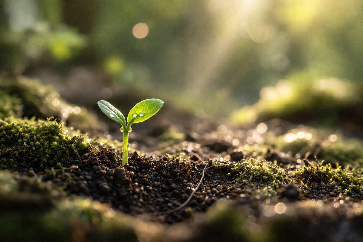 柔らかな光の中で土から芽吹いた小さな新芽が静かに成長する様子を捉えた春の風景