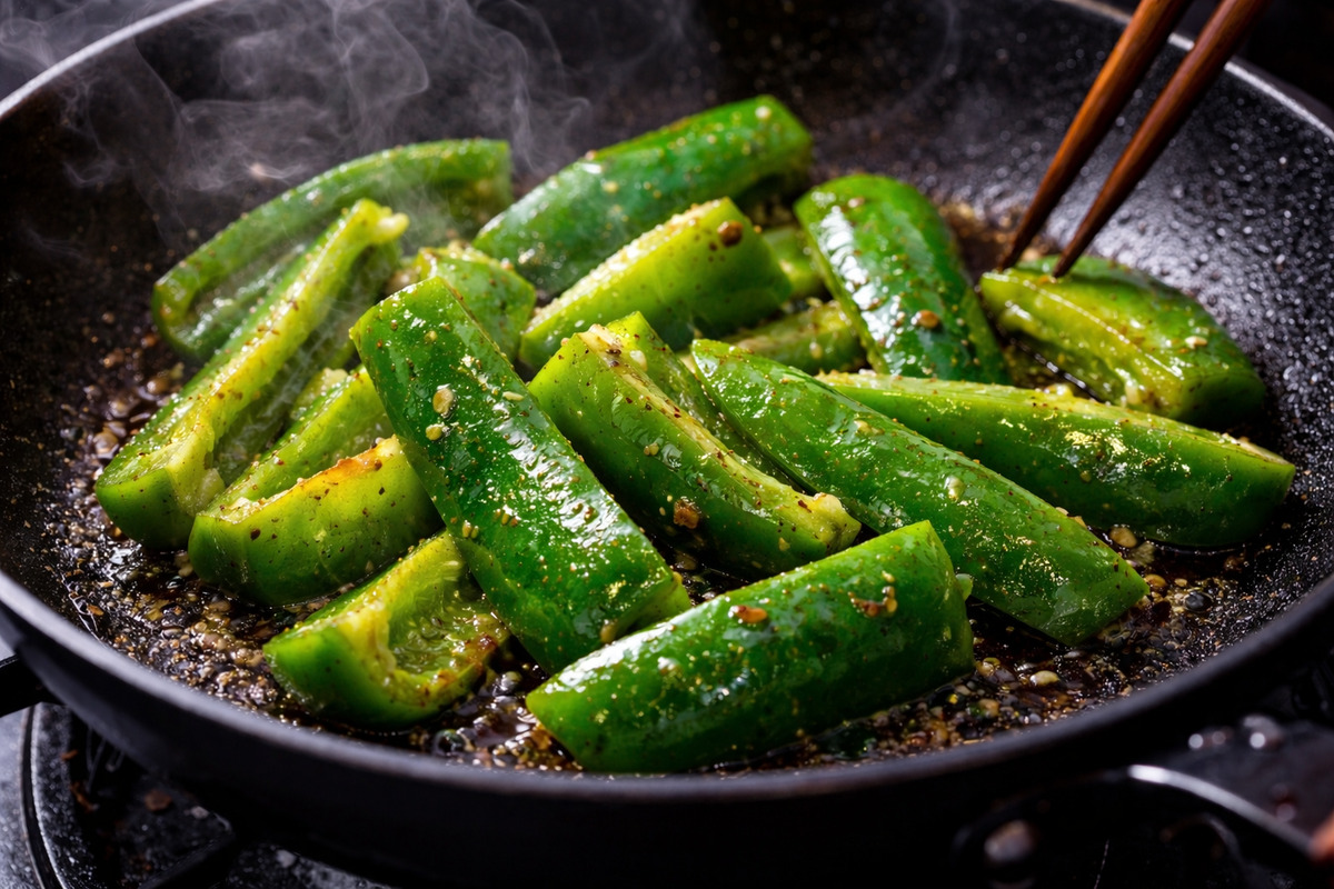 縦に大きく切ったピーマンをフライパンで強火で炒めている様子が伝わる臨場感のある写真