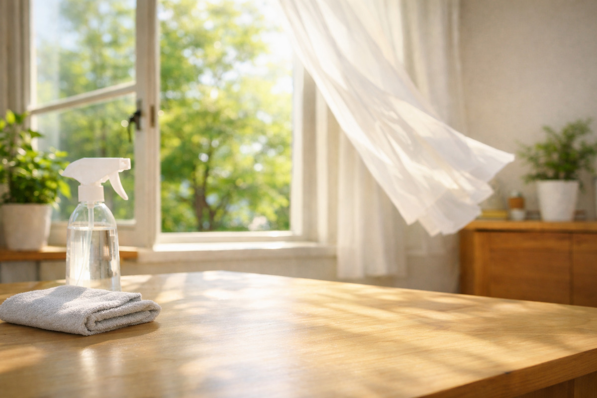 春の柔らかな光が差し込む室内で、窓を開けて換気された清潔な空間と掃除道具が整えられている様子