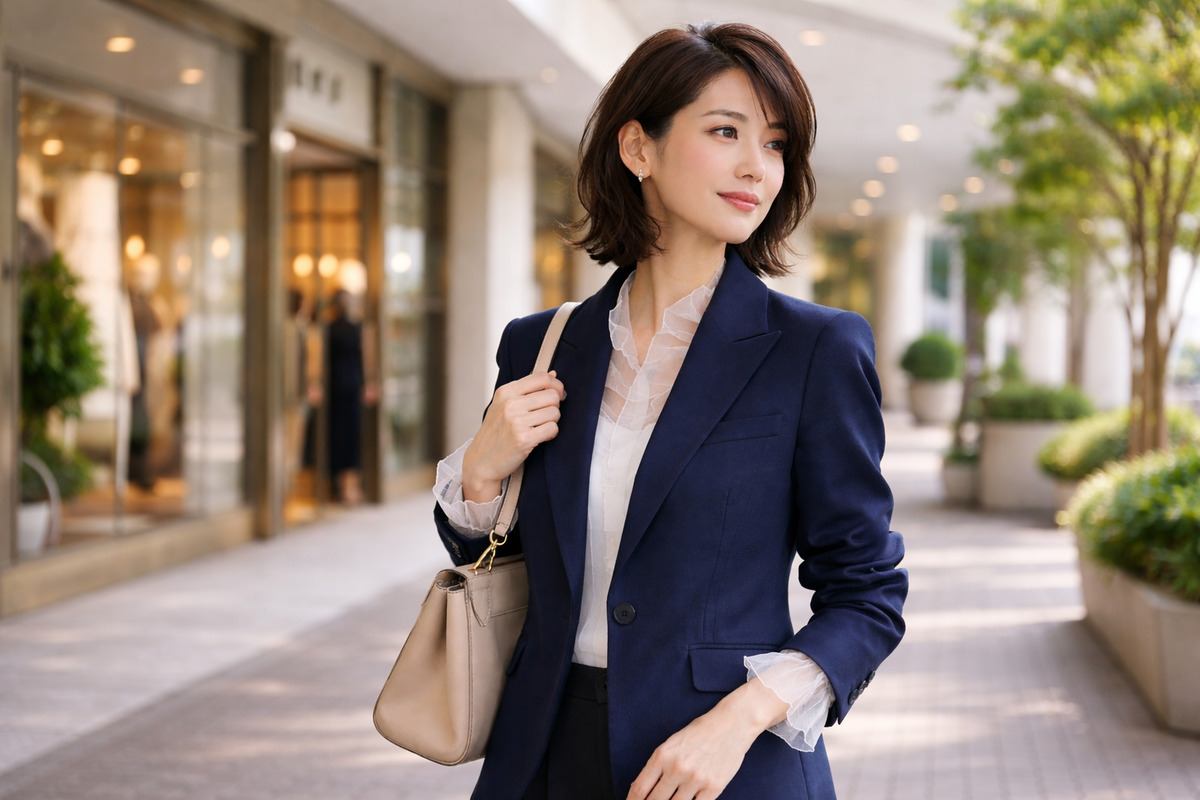 ショッピングモールの通路でネイビージャケットとシアー素材を組み合わせた大人の春コーデ