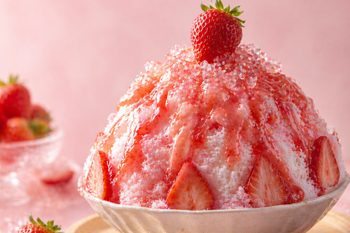 いちごシロップがたっぷりかかったかき氷に丸ごといちごが乗り、ショートケーキのように見える華やかなスイーツ