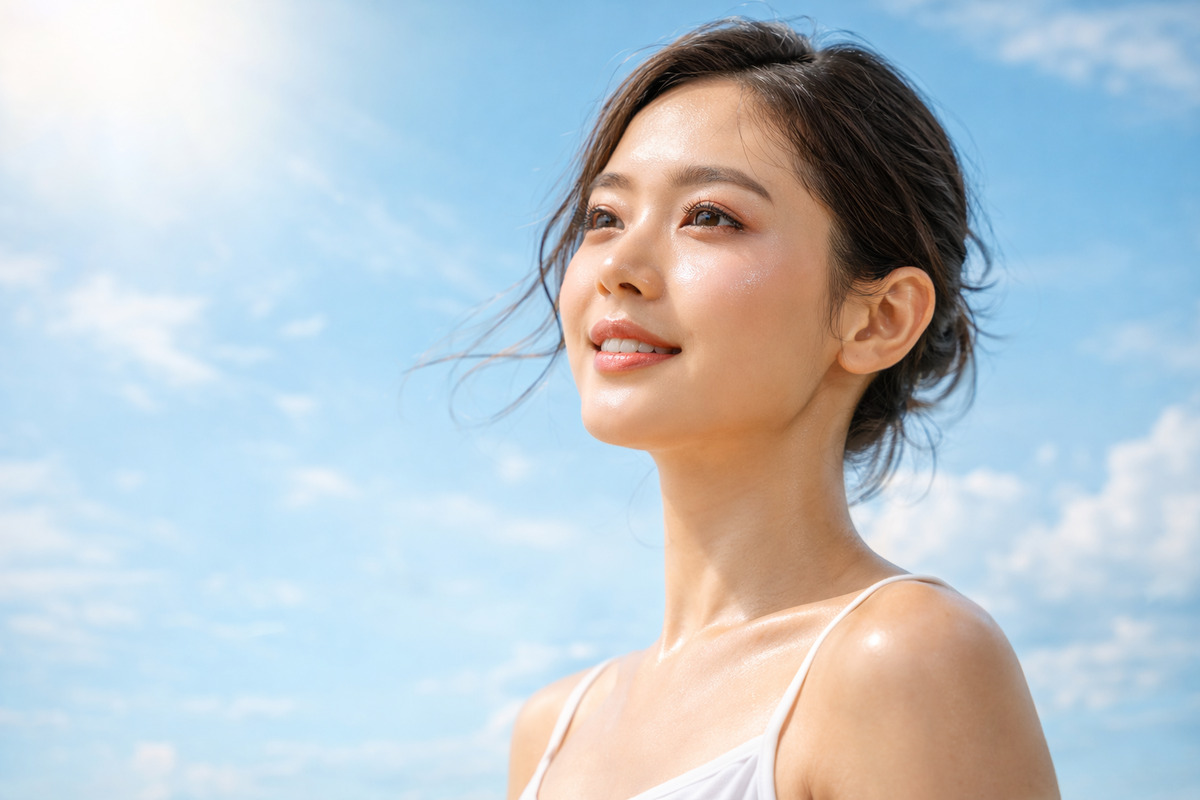 夏の光の中で透明感のあるツヤ肌を見せる女性のナチュラルメイク