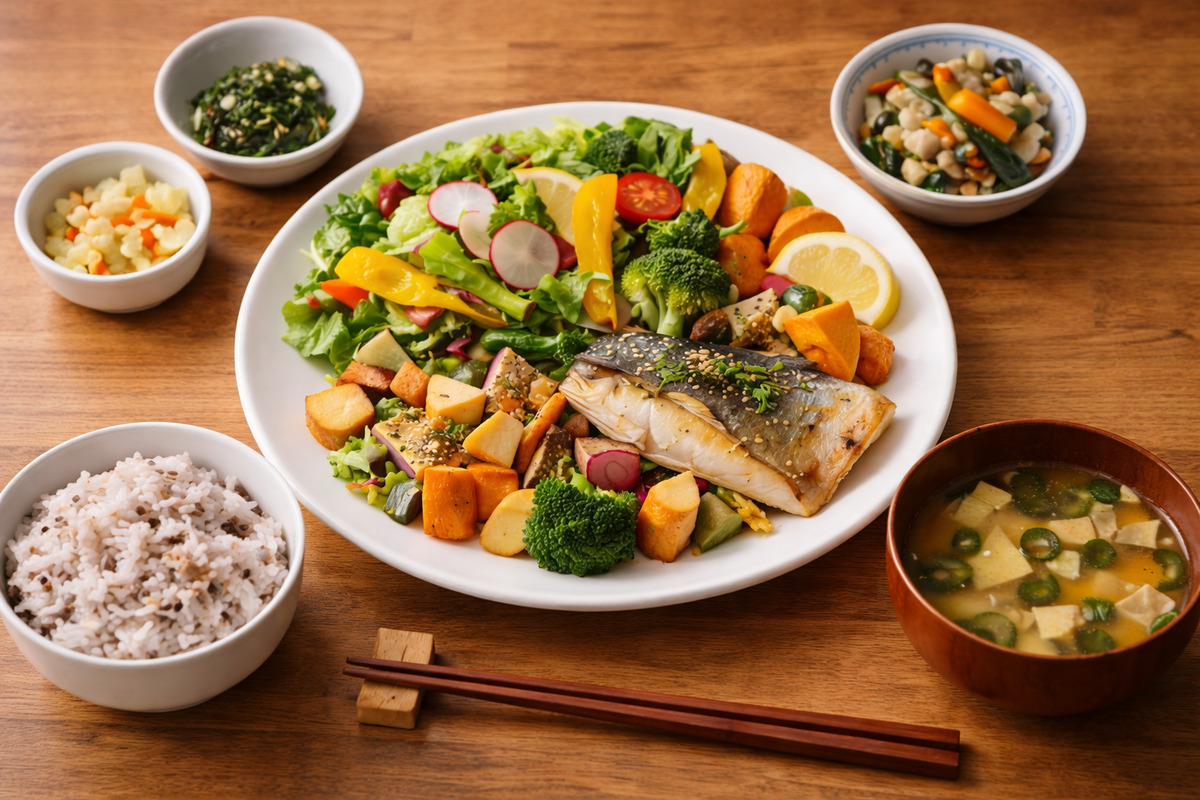 野菜たっぷりのバランス定食が木のテーブルに並び、健康と満足感を感じる食事シーン