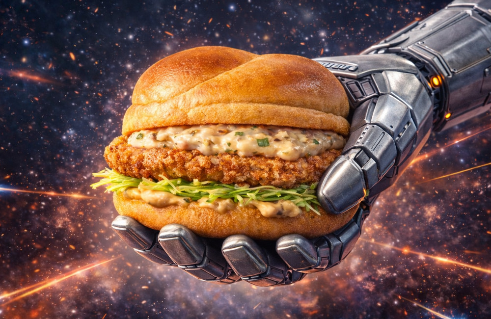 シルバーのメカの手が下から支えるようにチキンタツタを持ち、宇宙のような背景で印象的に見せた画像